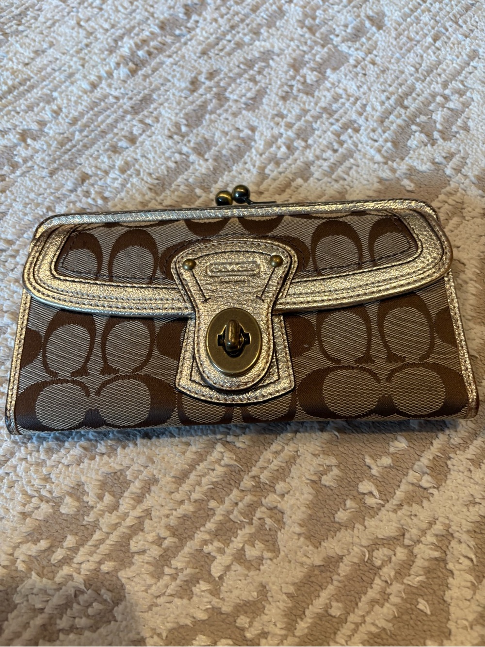Coach Brown Signature Canvas Wallet with Metallic Gold Accent and Turn-Lock